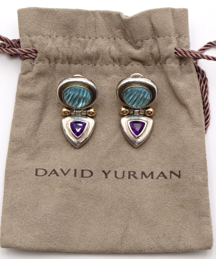 David Yurman 14Kt, Sterling Silver Blue Topaz & Amethyst Drop Earrings: David Yurman (American) Sterling Silver, 14K Gold, Blue Topaz & Amethyst Renaissance Drop Earrings Vintage David Yurman two-tone sterling silver and 14K gold Renaissance drop earrings, featuring c
