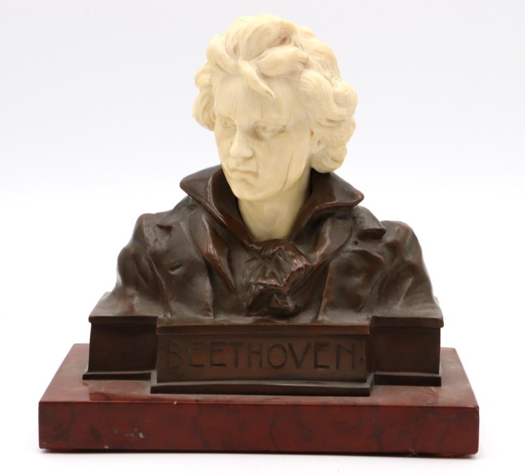 Eugène Barillot (French, 1841–1900) “Beethoven” Bronze Bust on Marble Base: Eugène Barillot (French, 1841–1900) “Beethoven” Bronze bust on marble base Portrait bust depicting Ludwig van Beethoven, modeled with a contrasting carved head above a patinated
