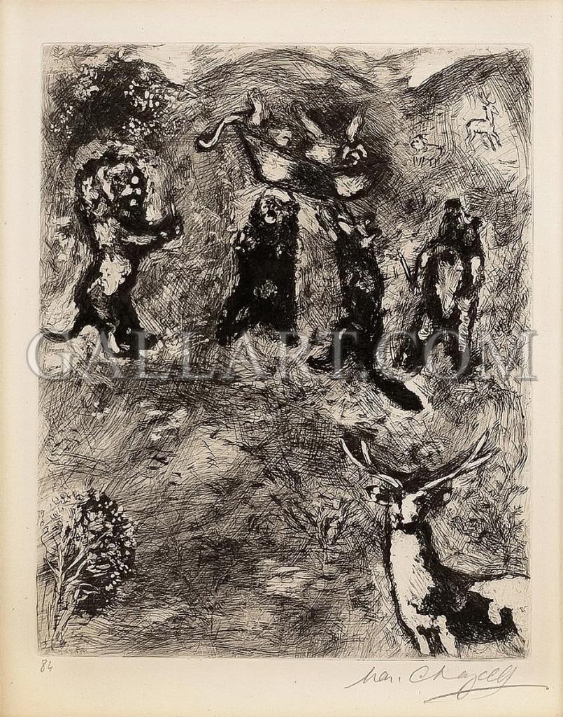 Marc Chagall (French-Russian, 1887-1985) Etching on Paper: Marc Chagall (French-Russian, 1887–1985) “Les Obseques de la Lionne (Plate 84), From Les Fables de la Fontaine” Etching on paper. From the Les Fables de la Fontaine portfolio. Editio