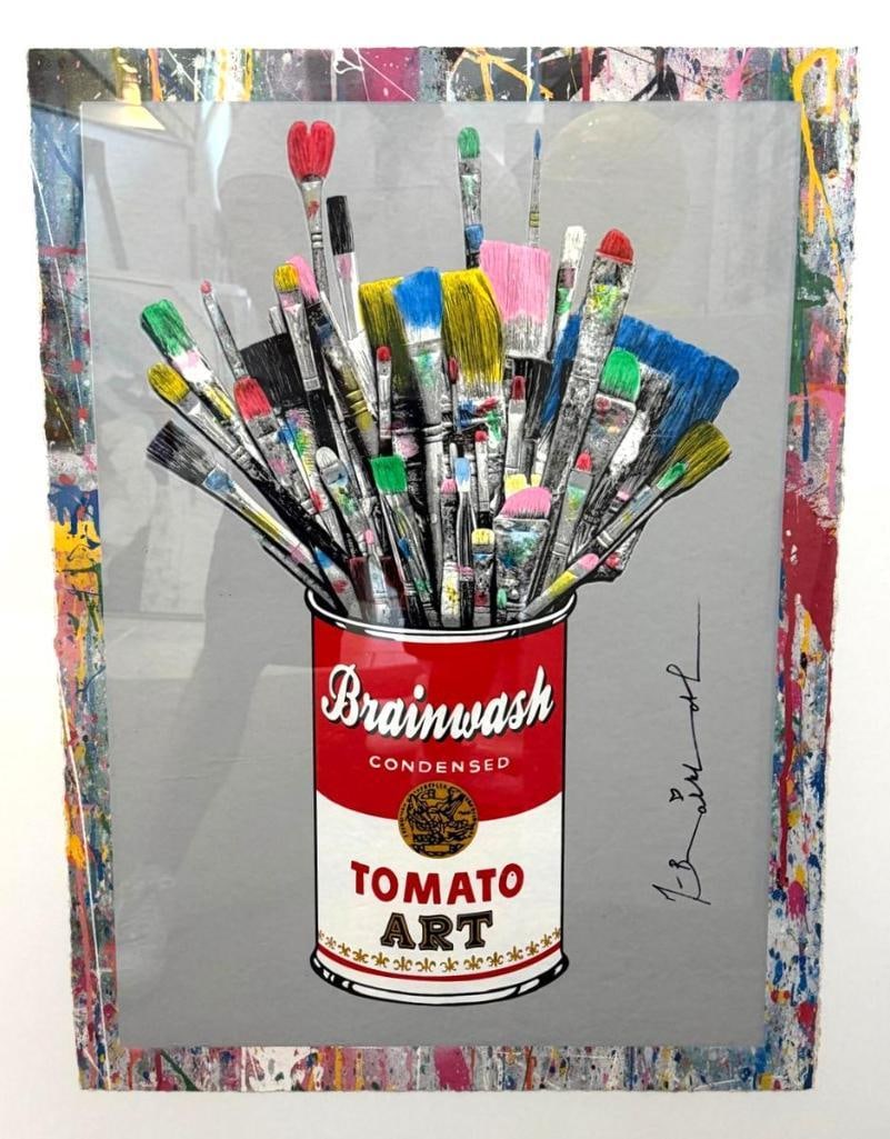 Mr. Brainwash (French, b. 1966) “Tomato Brush Pot” Mixed Media: Mr. Brainwash (French, b. 1966) “Tomato Brush Pot” Mixed media on paper 2023 Pop Art composition depicting a group of colorful artist’s brushes arranged within a red and white “