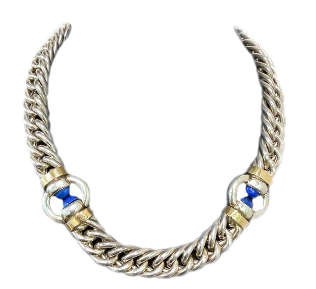 Gucci 18Kt & Sterling Modernist Lapis Lazuli Necklace: Gucci (Italian, est. 1921) Modernist Lapis Lazuli Necklace Sterling silver, 18K yellow gold and lapis lazuli Circa 1970 Sculptural multi-link necklace crafted in .925 sterling silver with 18K yellow g