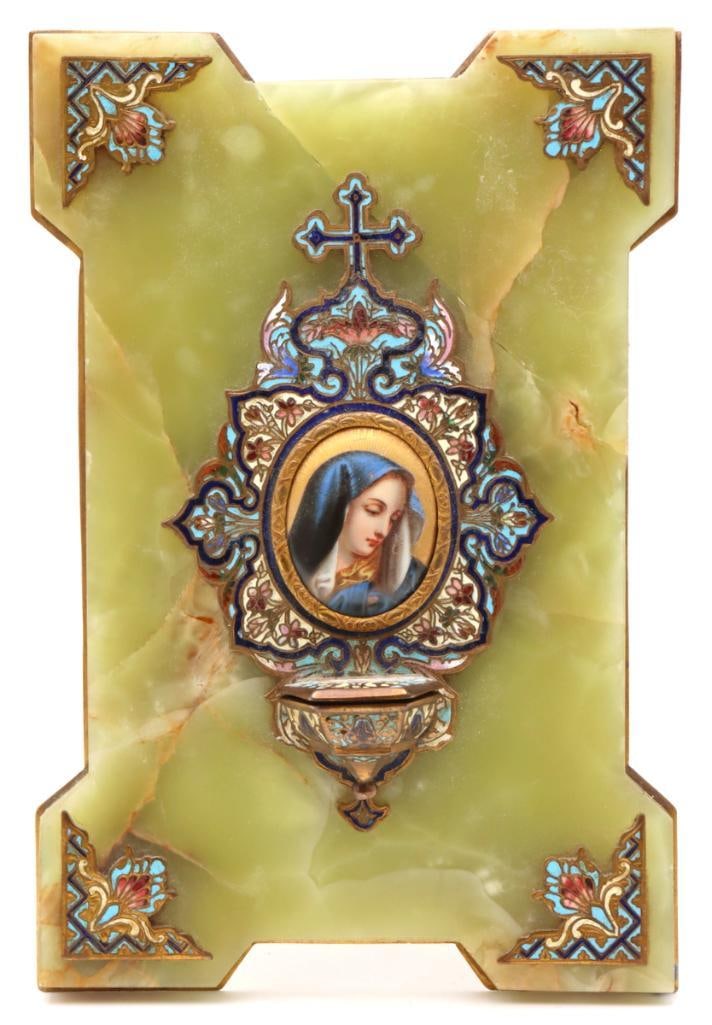 Late 19th C. French Champleve Bronze & Onyx Holy Water Font: French, Late 19th Century Virgin Mary Devotional Holy Water Font Champlevé enamel, bronze and onyx Antique French devotional holy water font featuring a painted portrait of the Virgin Mary within