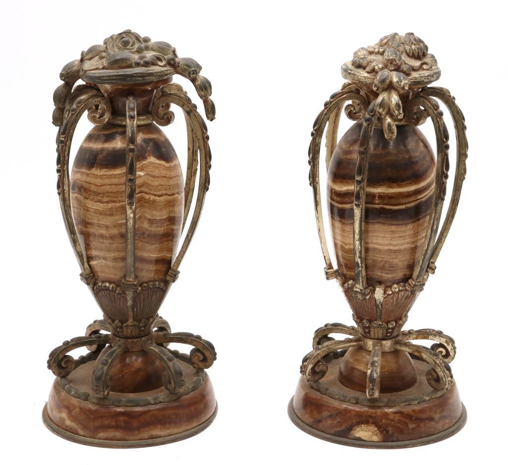 Pair of Early 20th C. English Blue John Silvered Bronze Garniture Urns: English (Early 20th C.) Pair of Blue John Garniture Urns Blue John fluorite with silvered bronze mounts Pair of decorative urns featuring richly banded Blue John fluorite bodies in variegated shades o