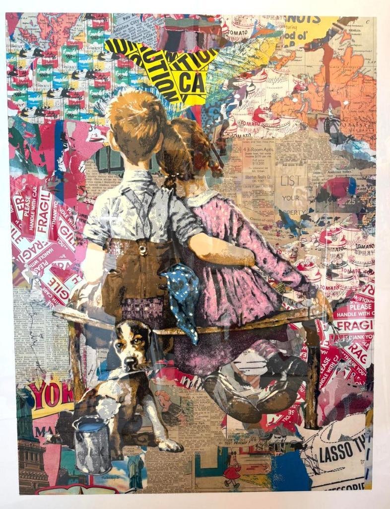 Mr. Brainwash (French, b. 1966) “Working Well Together” Mixed Media: Mr. Brainwash (French, b. 1966) “Working Well Together” Mixed media on paper 2024 Pop Art composition depicting two children seated together on a wooden beam with a dog below, set against 