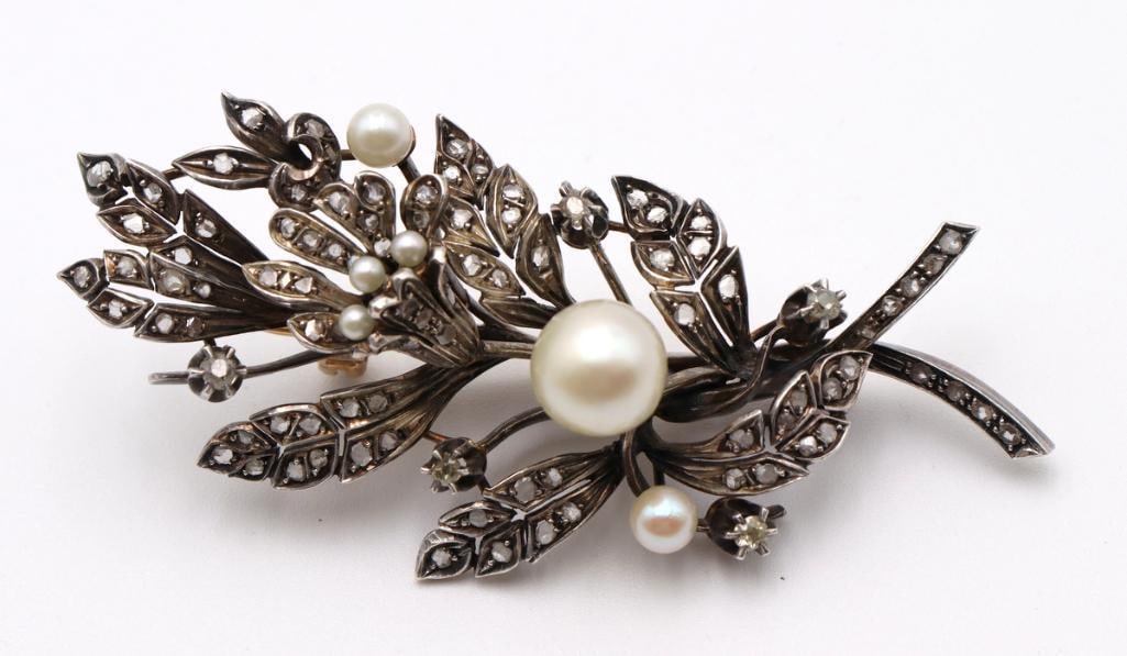 Victorian Silver-Topped 18K Gold, Pearl & Floral Brooch: Victorian Silver-Topped 18K Gold, Pearl & Old Mine Cut Diamond Floral Brooch Victorian silver-topped 18K gold floral brooch featuring pearls and old mine cut diamonds throughout a foliate branch d