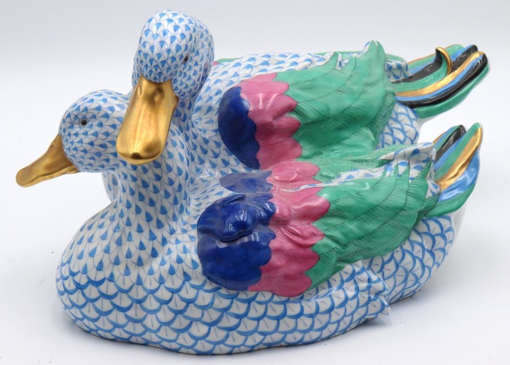 Herend “Ducks” Fishnet Porcelain Sculpture: Herend (Hungarian, est. 1826) “Ducks” Hand-painted porcelain sculpture Large porcelain figural group depicting a pair of ducks decorated in Herend’s signature fishnet pattern, with p