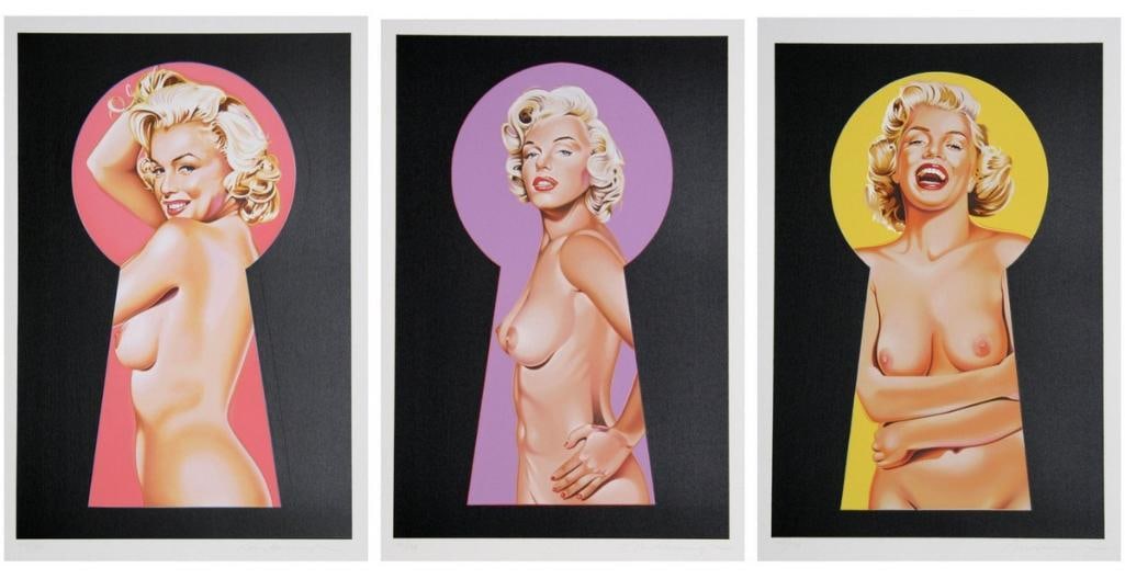 Mel Ramos (American, 1935-2018) “Peek A Boo" Marilyn Monroe Triptych: Mel Ramos (American, 1935–2018) “Peek A Boo" Marilyn Monroe Triptych Lithographs on paper, circa 2002 Artist’s proof, numbered 18/50. Comprising three lithographs on heavy smooth