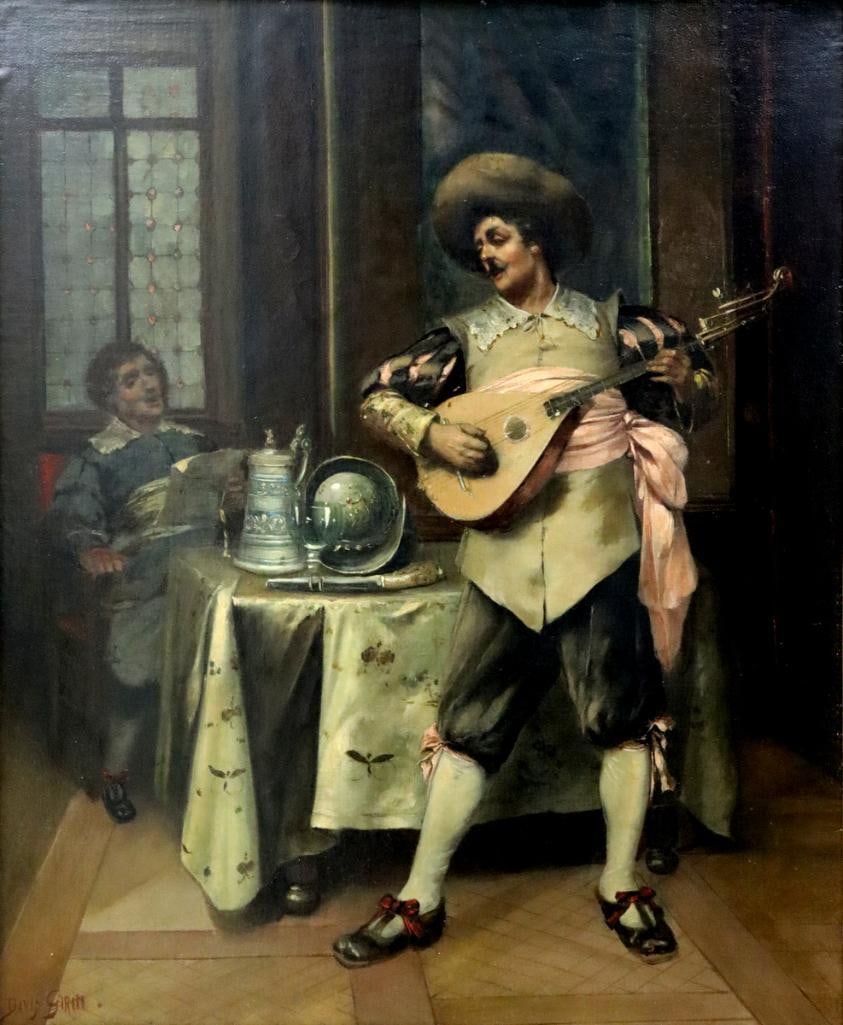 David-Eugène Girin (French, 1848-1917) "The Lute Player" Oil on Canvas: David-Eugène Girin (French, 1848–1917) The Lute Player Oil painting on canvas Interior genre scene depicting a standing musician playing a lute, with a seated figure and table set with vess