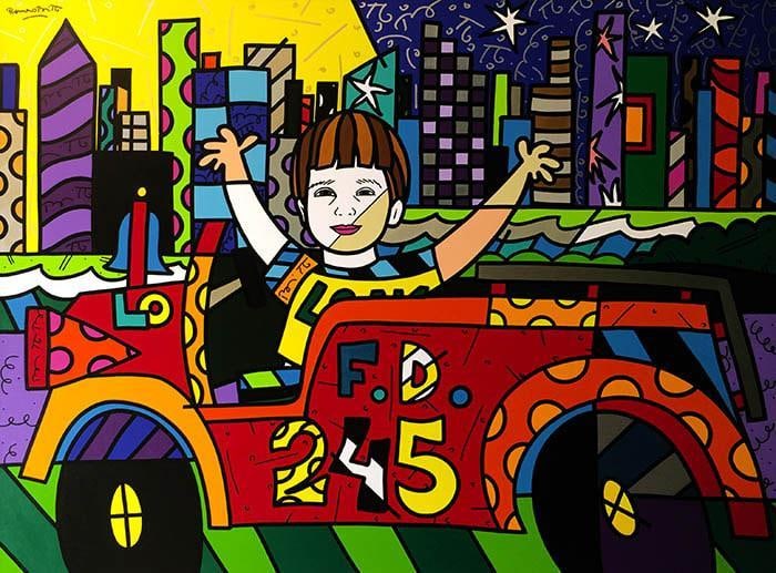 Large Romero Britto (Brazilian, b. 1963) “Logan Stern” Acrylic on Canvas: Romero Britto (Brazilian, b. 1963) “Logan Stern” Acrylic painting on canvas Original work, 2003. Original work depicting Logan Stern, son of Dave Stern. Hand signed on the front; signed, t