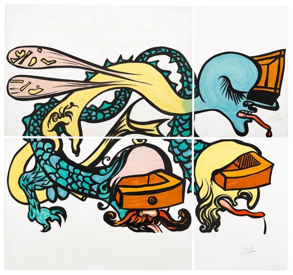 Salvador Dalí (Spanish, 1904–1989) “Puzzle of Life" Suite of Four Color Lithographs: Salvador Dalí (Spanish, 1904–1989) “Puzzle of Life (Idra a tre teste),” 1974 Suite of four color lithographs A monumental composition consisting of four lithographs on Arches pa