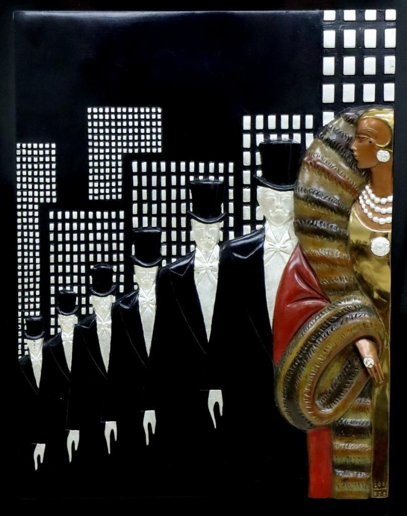 Erté (French, 1892-1990) “Top Hats” Bronze Wall Sculpture: Erté (French, 1892–1990) “Top Hats” Bronze wall sculpture 1989. Numbered 168/375. Sculpture measurements: 20 5/8 in. high × 17 1/4 in. wide. Framed measurements: 27 in. hig