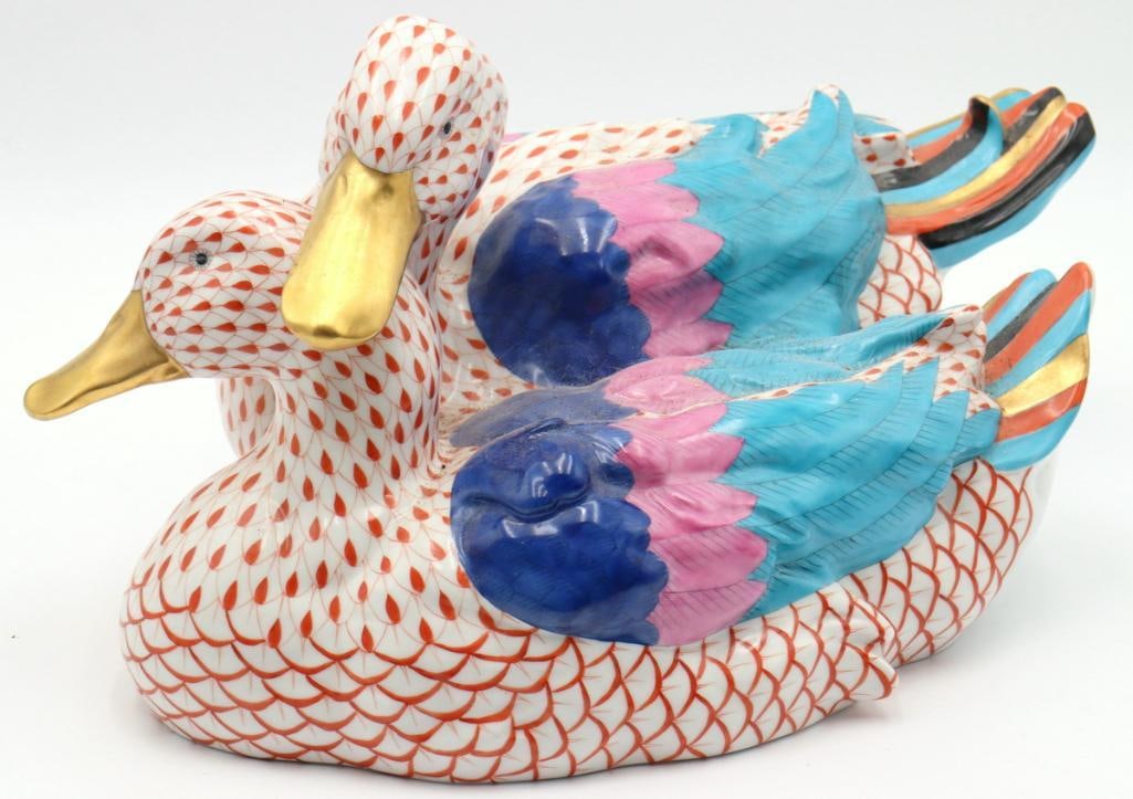 Herend “Ducks” Fishnet Porcelain Sculpture: Herend (Hungarian, est. 1826) “Ducks” Hand-painted porcelain sculpture Large porcelain figural group depicting a pair of ducks decorated in Herend’s signature rust-colored fishnet pa
