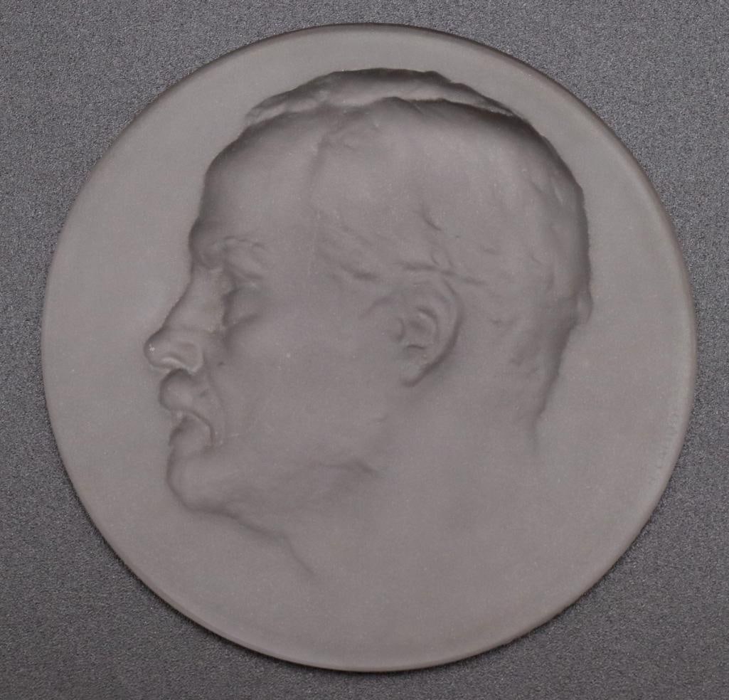 René Lalique (French, 1860-1945) “Louis Pasteur” Glass Medallion: René Lalique (French, 1860–1945) “Louis Pasteur” Medallion Frosted glass Circa 1922 Circular frosted glass medallion featuring a relief profile portrait of French scientist Loui