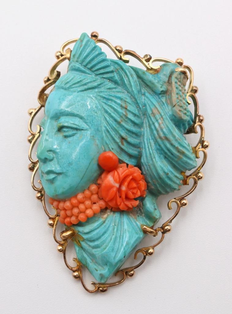 Vintage 14Kt, Carved Turquoise & Coral Ladies Brooch: Vintage 14K Gold, Carved Turquoise & Coral Ladies Brooch Vintage 14K gold brooch featuring a carved turquoise female profile accented with carved coral floral and bead detailing. Weight - 37.8 gra