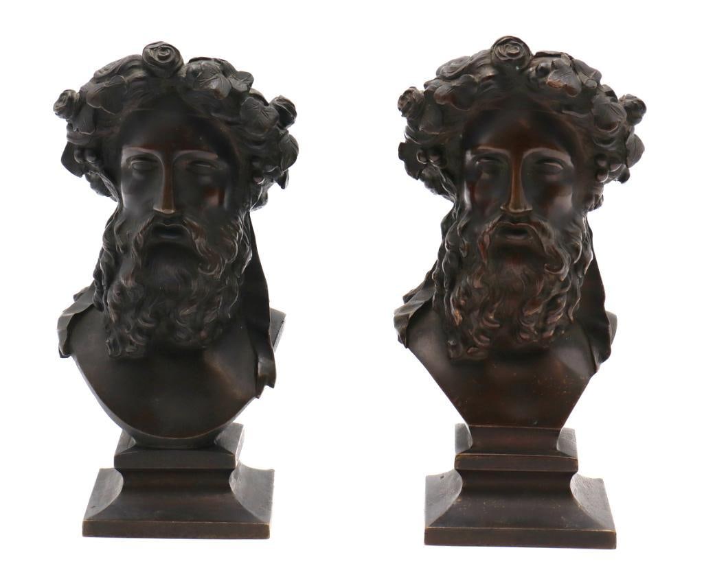 Pair of Late 19th C. French Bronze Bust Sculptures: Pair of Late 19th Century French Bronze Bust Sculptures Pair of late 19th century French patinated bronze bust sculptures depicting bearded male figures wearing foliate wreaths, each raised on a stepp