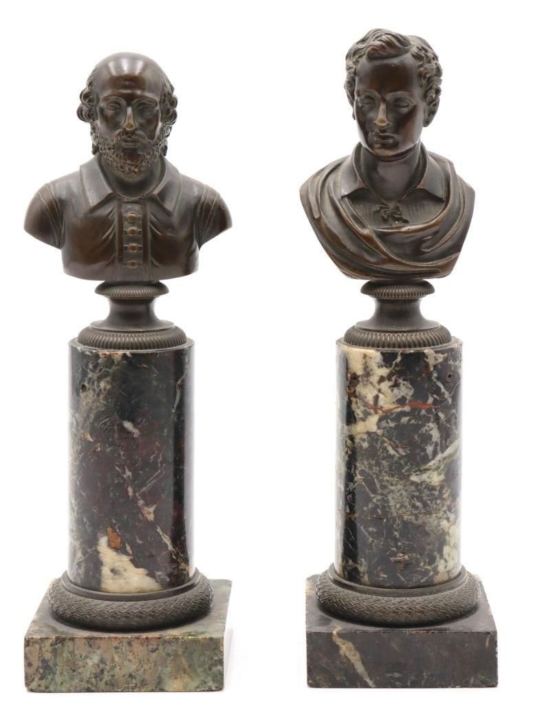 Pair of French Bronze Busts on Pedestals: French (Late 19th–Early 20th Century) Pair of Classical Male Busts Patinated bronze on marble pedestals Pair of finely modeled bronze portrait busts depicting two male figures in period attire, 