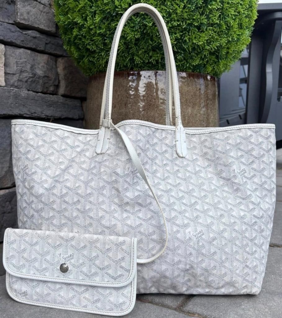 Vintage Goyard Saint Louis PM Tote Bag with Detachable Coin Purse: Goyard (French, est. 1853) Vintage Saint Louis PM Tote Bag with Detachable Coin Purse White Goyardine canvas with custom blue stripes Vintage Goyard Saint Louis PM tote crafted in white Goyardine canv