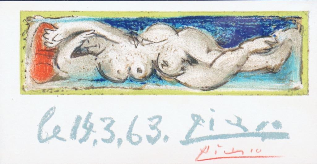 Pablo Picasso (Spanish, 1881-1973) “Femme Nue Couchée” Lithograph: Pablo Picasso (Spanish, 1881–1973) “Femme Nue Couchée” Lithograph Depicting a reclining female nude. Dated “6.14.3.63” within the composition. Signed in red lower ri