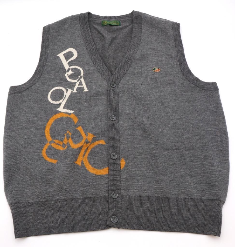Paolo Gucci Button-Front Knit Sweater Vest: Paolo Gucci (Italian, 1931–1995) Vintage Button-Front Knit Sweater Vest Gray knit Vintage Paolo Gucci sleeveless knit sweater vest featuring a V-neckline and button-front closure. Decorated with