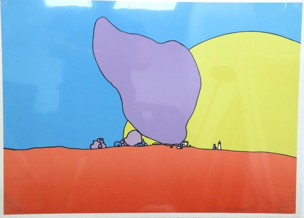 Peter Max (American, 1937) “Rocks and Sun” Screenprint: Peter Max (American, b. 1937) “Rocks and Sun” Screenprint on Arches paper, 1971 Limited edition of 100. Hand-signed and dated by the artist and numbered 72/100. Published by London Arts In
