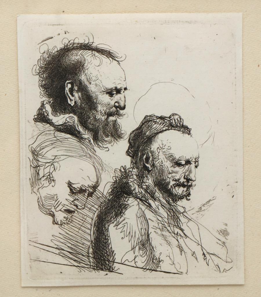 After Rembrandt van Rijn (Dutch, 1606–1669) “Three Heads of Men with Beards”: After Rembrandt van Rijn (Dutch, 1606–1669) “Three Heads of Men with Beards” Etching After Rembrandt’s composition depicting three studies of bearded male figures. Measurements