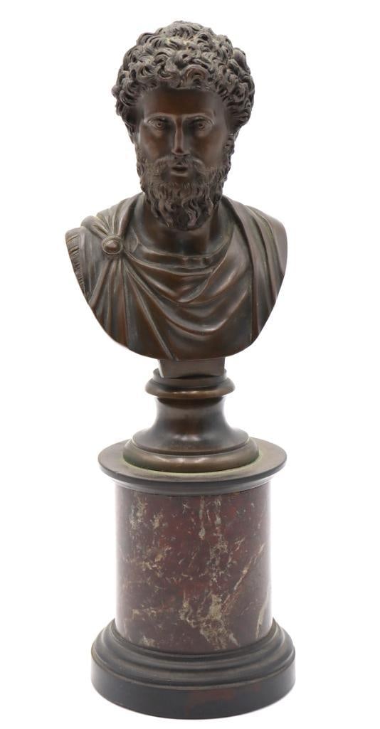 Late 19th C. French Bronze Bust on Marble Pedestal: French (Late 19th Century) Classical Male Bust Patinated bronze on marble pedestal Finely modeled bronze bust depicting a bearded classical male figure with tightly curled hair and draped robes secure