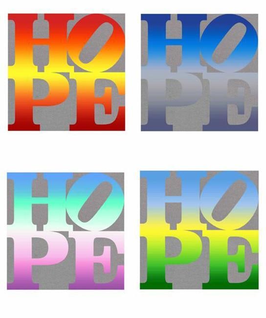 Robert Indiana (American, 1928-2018) “Four Seasons of Hope - Silver” Silkscreen Suite: Robert Indiana (American, 1928–2018) “Four Seasons of Hope - Silver” Silkscreens on paper 2012 Complete suite of four silkscreens in the original folio. Numbered 84/125. Each print h