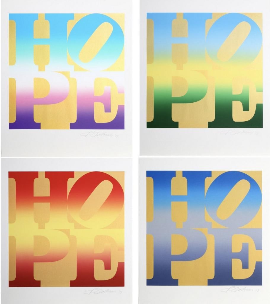Robert Indiana (American, 1928-2018) “Four Seasons of Hope - Gold” Silkscreen Suite: Robert Indiana (American, 1928–2018) “Four Seasons of Hope – Gold” Silkscreens on paper 2012 Complete suite of four silkscreens in the original folio. Numbered 43/82. Each prin