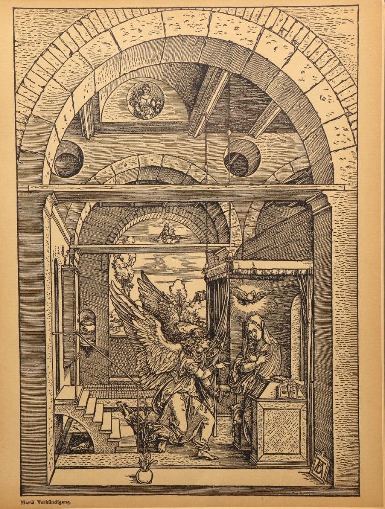 After Albrecht Dürer (German, 1471–1528) “The Annunciation” Woodcut: After Albrecht Dürer (German, 1471–1528) “The Annunciation” (Mariä Verkündigung) Woodcut print, 19th C. After Albrecht Dürer’s celebrated woodcut depicting 