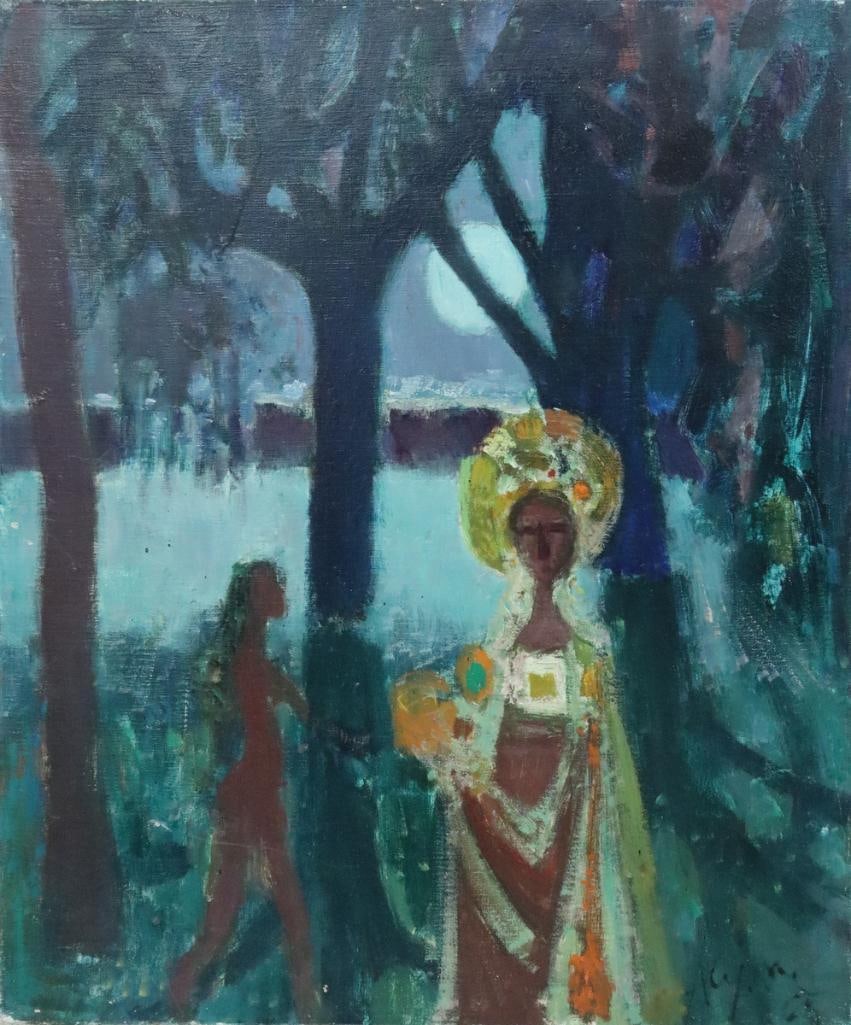 Jean Aujame (French, 1905–1965) “Figures dans la nuit" Oil Painting on Canvas: Jean Aujame (French, 1905–1965) “Figures dans la nuit,” 1963 Oil on canvas Depicting two stylized figures within a nocturnal wooded setting. Signed lower right. Titled and dated R