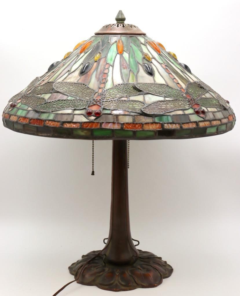 After Tiffany Studios Dragonfly Stained Glass & Bronze Table Lamp (1 of 9)
