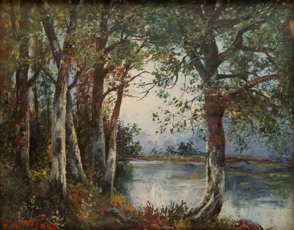 S.A. Plessing (German, 19th C.) Oil Painting on Board: S.A. Plessing (German, 19th century) Landscape with Trees Oil on board Landscape scene with trees. Signed lower left in red. Measurements approx. - 7 3/4 in. high × 9 3/4 in. wide. Framed measure