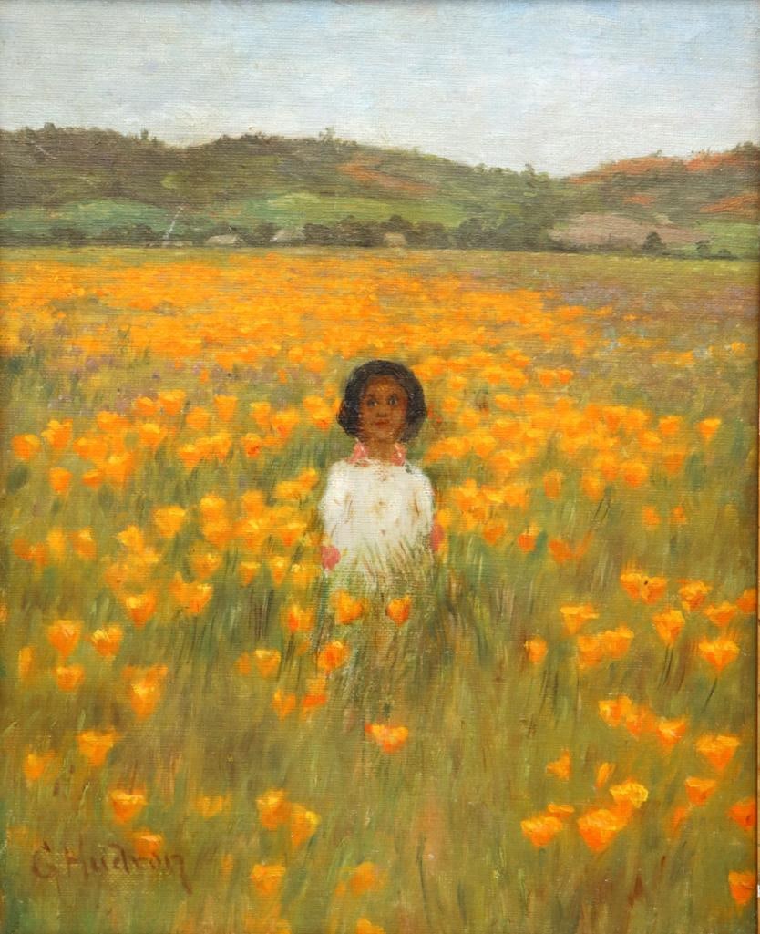 Grace Hudson (American, 1865-1937) “Indian Girl” Oil on Canvas: Grace Carpenter Hudson (American, 1865–1937) “Indian Girl” Oil on canvas Depicting a young Native American girl standing amid a field of California poppies. Signed lower left. Measur