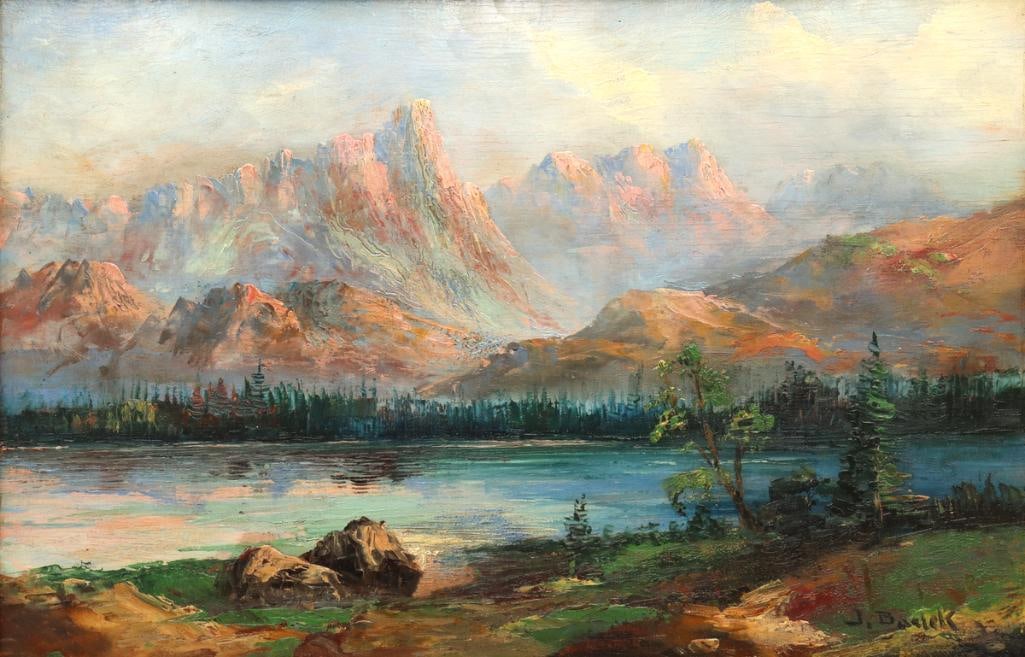 Jeanna Bauck (Swedish, 1840–1926) Oil Painting on Board: Jeanna Maria Charlotte Bauck (Swedish, 1840–1926) Landscape with Lake and Mountains Oil on board Landscape scene depicting a lake with mountains in the background. Signed lower right “J Ba