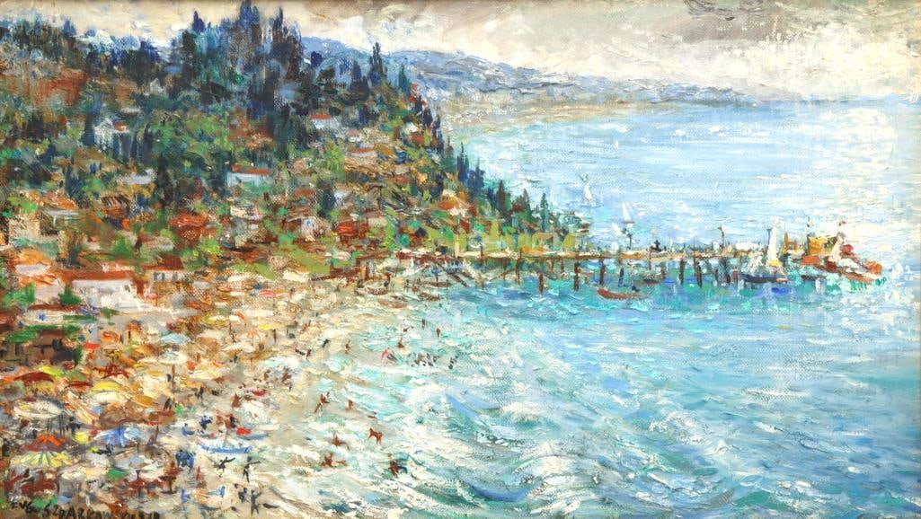 Eugeniusz Szparkowski (Polish, 1904–1985) “Nadmorski, Bulgaria" Oil on Canvas: Eugeniusz Szparkowski (Polish, 1904–1985) “Nadmorski, Bulgaria” 1978 Oil on canvas Impressionistic coastal landscape depicting a Bulgarian seaside town and harbor. Signed and dated l