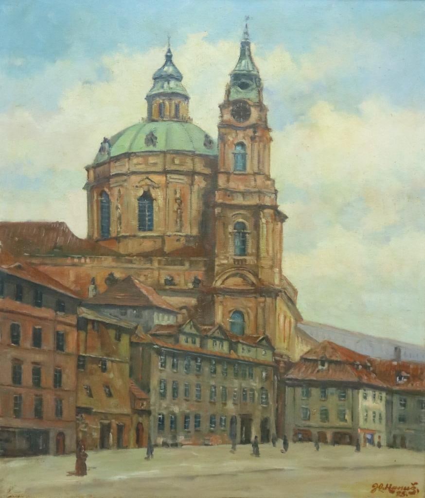 Possibly František Hanuš Hérink (Czech, 1889–1955) "Prague" Oil on Board: Possibly František Hanuš Hérink (Czech, 1889–1955) Prague Cityscape, 1925 Oil on board Depicting St. Nicholas Church and Malostranské náměstí in Prague. Signed