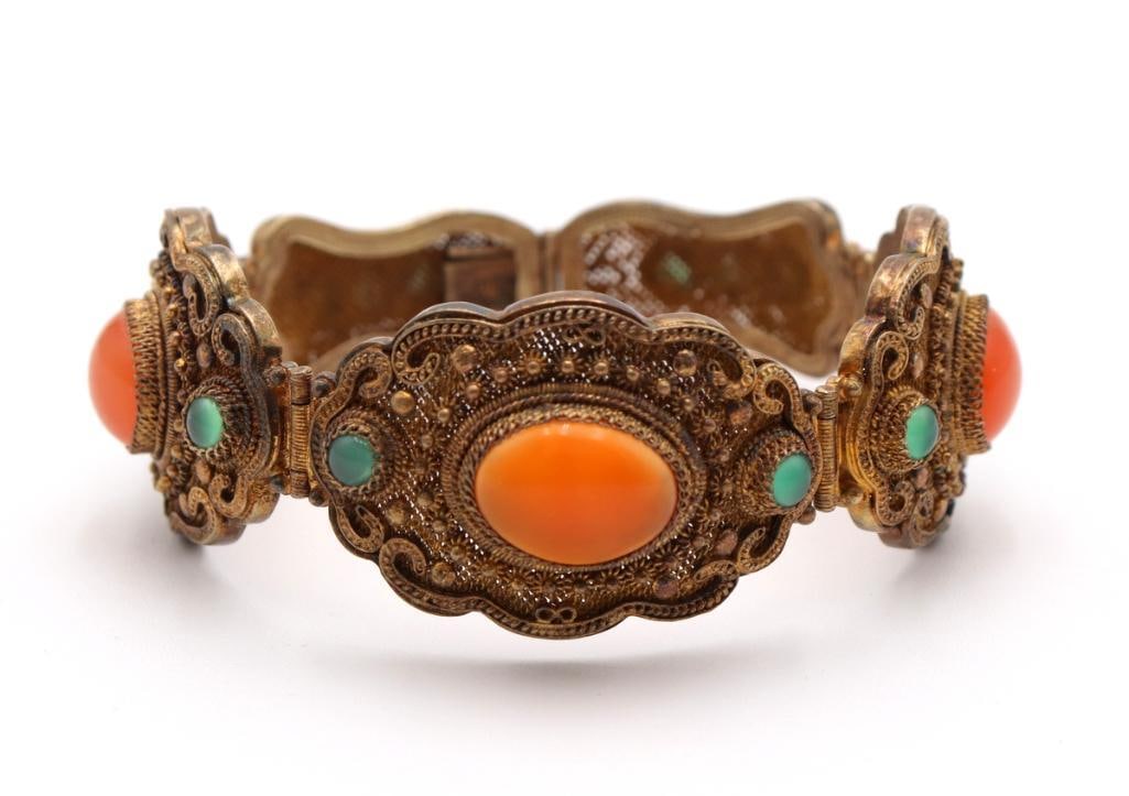 Antique Chinese Gold-Wash Sterling Silver & Cabochon Ladies Bracelet (1 of 3)