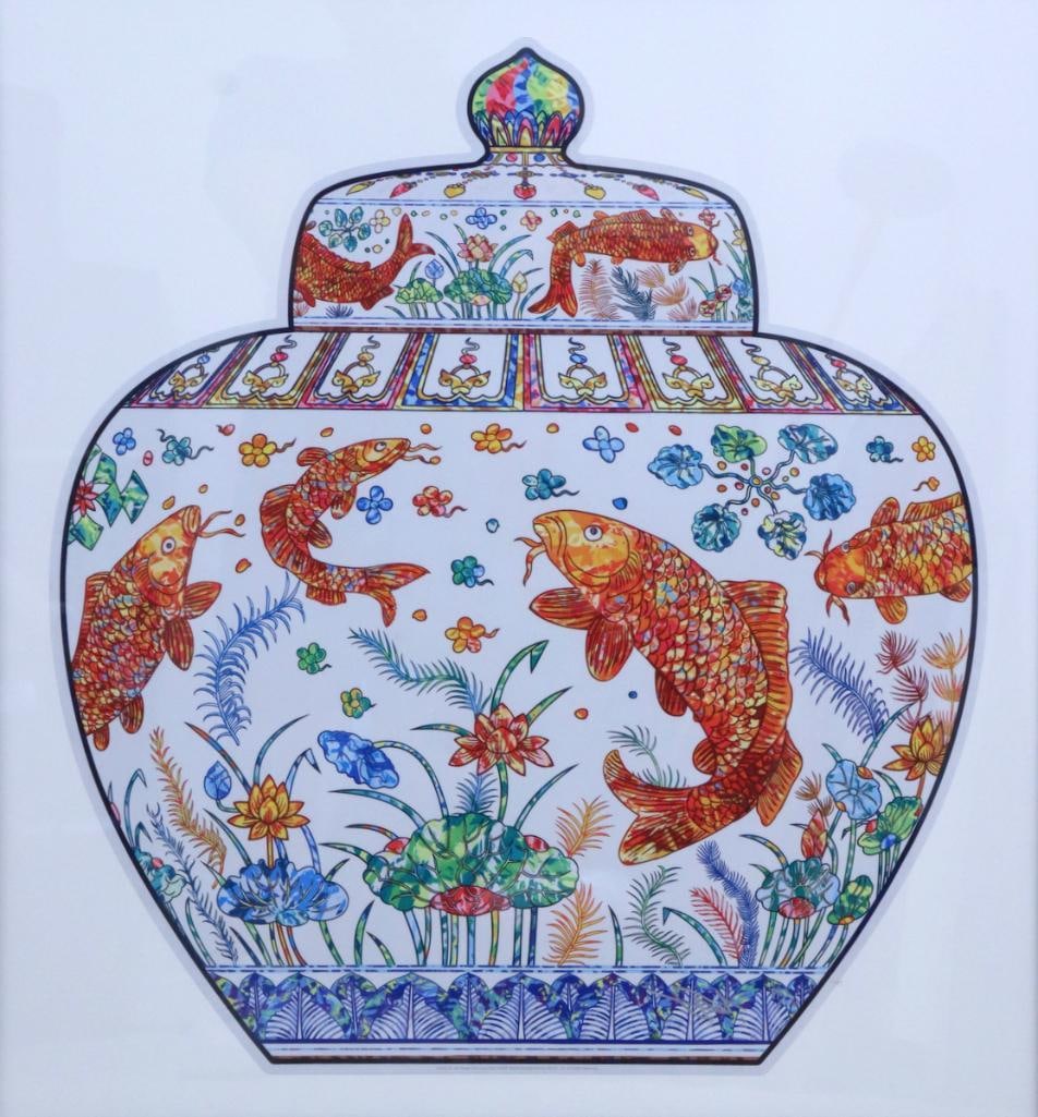 Takashi Murakami (Japanese, b. 1962) “Lidded Jar with Design of a Lotus Pond” Lithograph: Takashi Murakami (Japanese, b. 1962) “Lidded Jar with Design of a Lotus Pond” Lithograph Color lithograph depicting an ornately decorated lidded jar with koi fish, lotus flowers, and aquat