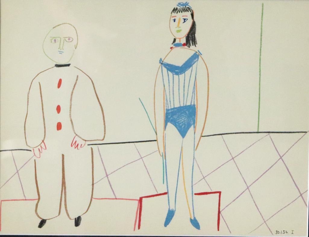 After Pablo Picasso (Spanish, 1881-1973) “Acrobate et jeune arlequin” Offset Lithograph: After Pablo Picasso (Spanish, 1881–1973) “Acrobate et jeune arlequin” Offset lithograph After Picasso’s composition depicting two circus figures, an acrobat and a young harlequ