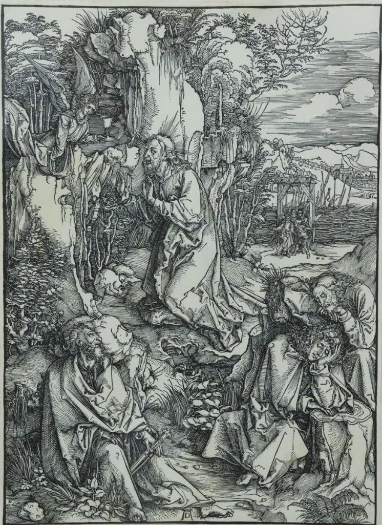 After Albrecht Dürer (German, 1471–1528) “The Agony in the Garden” Woodcut: After Albrecht Dürer (German, 1471–1528) “The Agony in the Garden” Woodcut, Late 19th, Early 20th c. After Dürer’s biblical composition depicting Christ praying on th