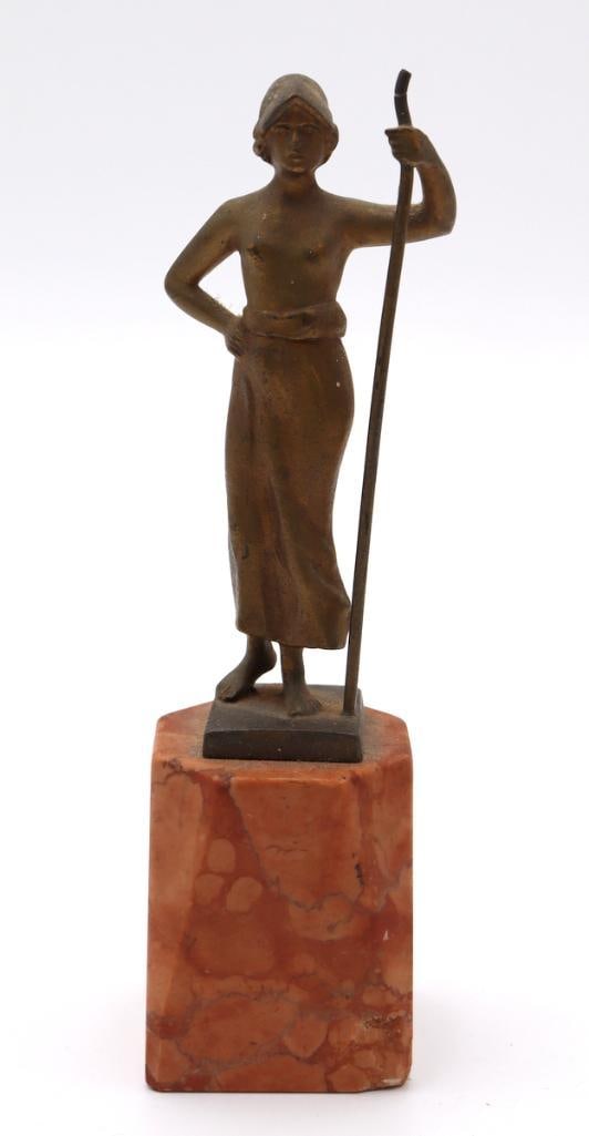 H. Fniking (20th C.) Bronze Sculpture on Marble Base: H. Fniking (20th Century) Female Figure with Staff Patinated bronze on marble base Miniature bronze sculpture depicting a standing female figure holding a long staff. Signed “H. Fniking” t