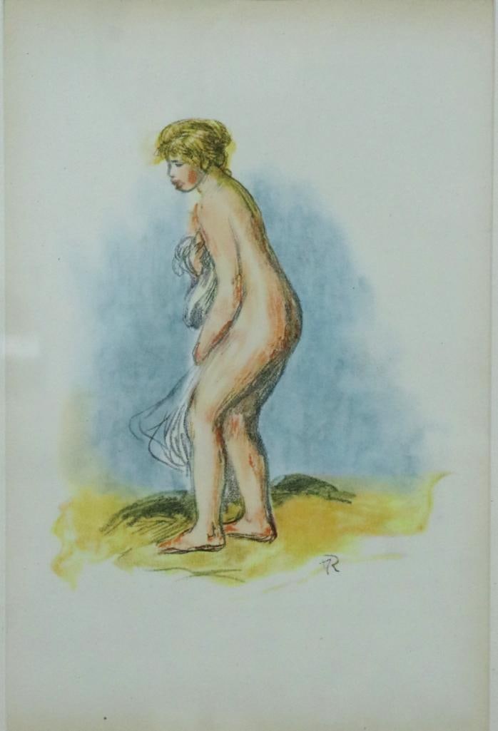 After Pierre-Auguste Renoir (French, 1841–1919) “Standing Female Nude” Color: After Pierre-Auguste Renoir (French, 1841–1919) “Standing Female Nude” Color lithograph After Renoir, depicting a standing female nude holding drapery against a blue ground. Initial 