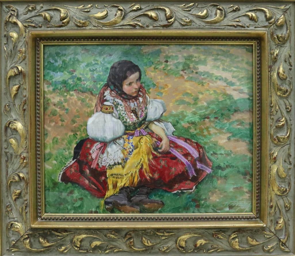 Czech School (20th C.) Oil Painting on Board: Czech School (20th Century) Portrait of a Young Woman in Traditional Dress Oil painting on Board Depicting a seated young woman wearing colorful traditional folk dress in an outdoor setting. Illegibly