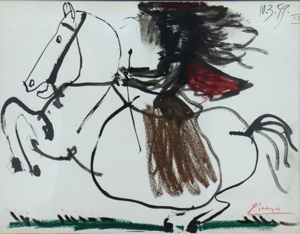 After Pablo Picasso (Spanish, 1881–1973) “Jacqueline on Horseback" Offset Lithograph: After Pablo Picasso (Spanish, 1881–1973) “Jacqueline on Horseback,” 1959 Offset lithograph After Picasso’s composition depicting Jacqueline Roque riding a horse. Dated “1