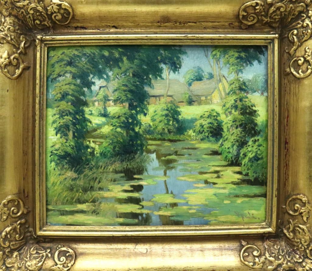 V. Puda (Czech/Mid 20th C.) Oil Painting on Board: V. Puda (Czech/Mid 20th Century) Rural Village Landscape Oil on board Depicting a rural village landscape with a pond surrounded by lush vegetation and buildings in the distance. Signed “V. Puda