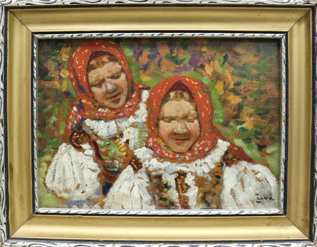 Czech School (20th C.) Oil Painting on Board: Czech School (20th Century) Two Women in Traditional Folk Dress Oil on board Depicting two women in colorful traditional folk costumes and red headscarves. Illegibly signed lower right. Presented in a