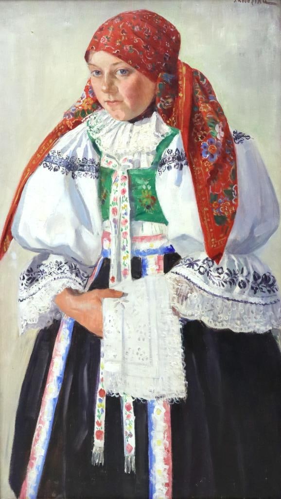 Josef Koudelka (Czech, 1877-1960) Oil Painting on Canvas: Josef Koudelka (Czech, 1877-1960) Woman in Folk Attire Oil on canvas Portrait depicting a woman in traditional folk attire. Signed upper right. Measurements approx. - 27 in. high × 16 in. wide. F