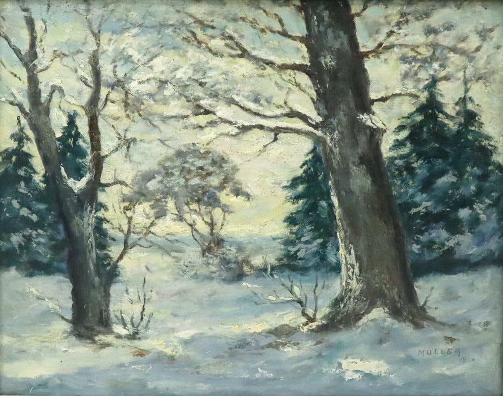 Muller (Czech, 20th Century) Oil on Board: Muller (Czech, 20th Century) Winter Landscape Oil on board Depicting a snow-covered wooded landscape with mature trees and evergreens. Signed “Muller” and dated 1956 lower right. Presented