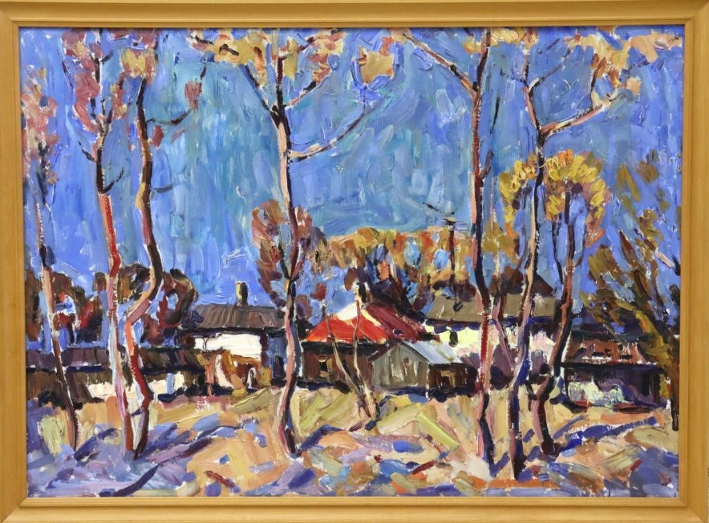 Czech School (20th C.) Oil Painting on Board: Czech School (20th Century) Village Landscape Oil on board Depicting a colorful rural village landscape with houses and trees, rendered in expressive, heavily applied brushwork. No visible signature. 