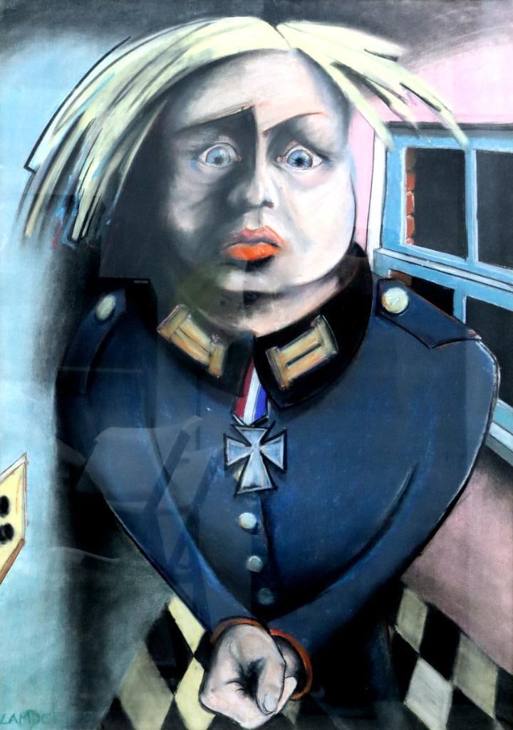 Jackson Lambert (American, 1919–2011) Mixed Media on Paper: Jackson Lambert (American, 1919–2011) 1983 Mixed media on paper Expressionistic portrait depicting a German military officer wearing an Iron Cross decoration. Signed “Lambert” and da